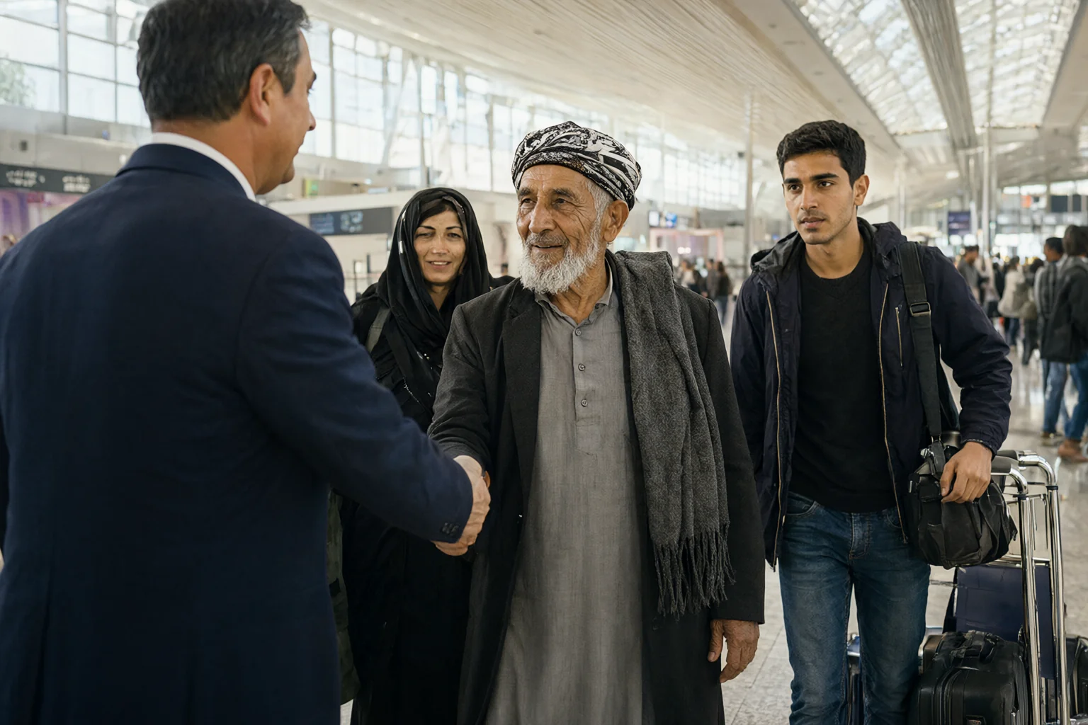 استقبال از یک خانوادهٔ افغان در سالون ورودی میدان هوایی استانبول
